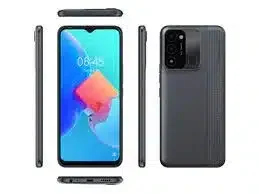 Tecno Spark 8C smartphone with a large display, dual rear cameras, and a fingerprint sensor.