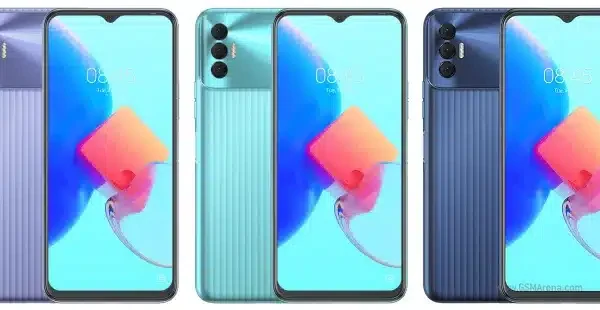Tecno Spark 9T smartphone in blue with a large display and triple rear camera.