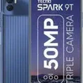 Tecno Spark 9T smartphone in blue with a large display and triple rear camera.