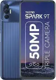 Tecno Spark 9T smartphone in blue with a large display and triple rear camera.