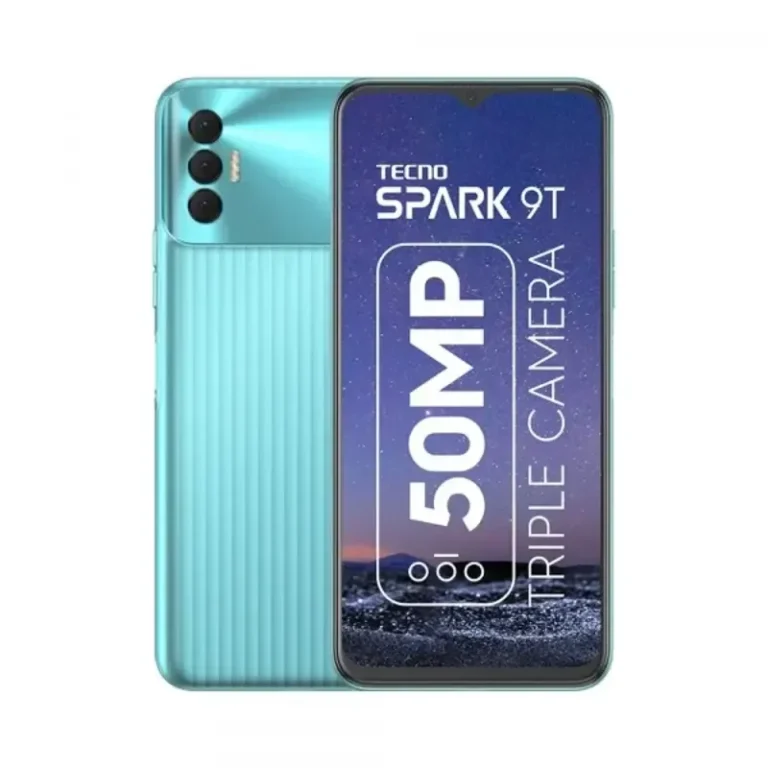 Tecno Spark 9T (India) Tecno Spark 9T smartphone in blue with a large display and triple rear camera.