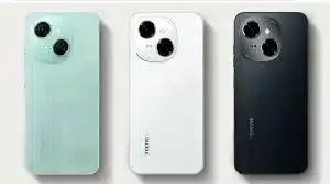 A sleek, black Tecno Spark Go 1 smartphone with a large, bezel-less display.