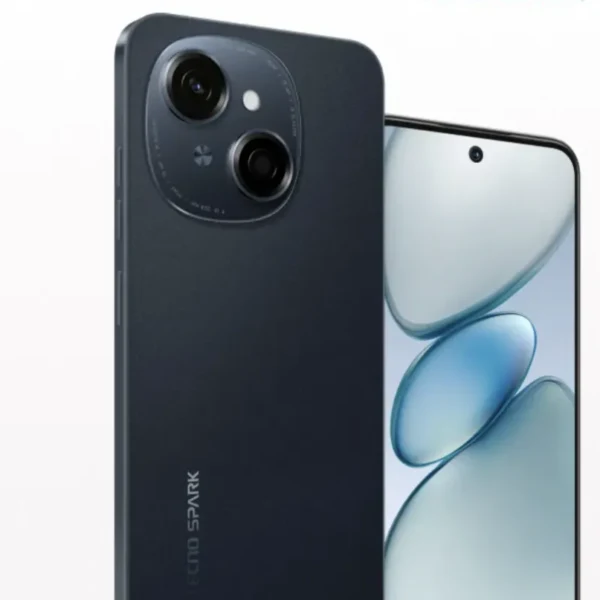 A sleek, black Tecno Spark Go 1 smartphone with a large, bezel-less display.