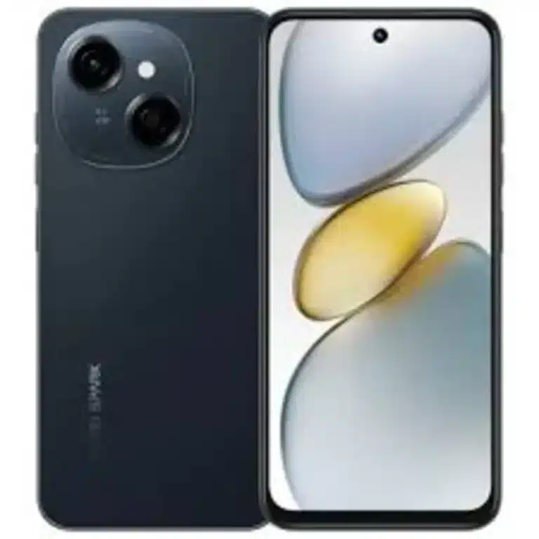 A sleek, black Tecno Spark Go 1 smartphone with a large, bezel-less display.