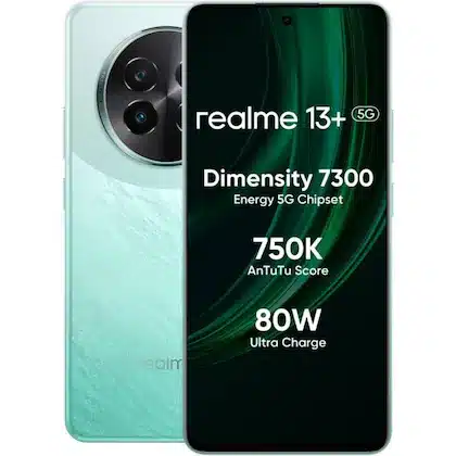 Realme 13+ side profile showing sleek, lightweight design