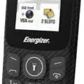 Energizer E130S feature phone, black, with a keypad, small display, and dual SIM card slots.