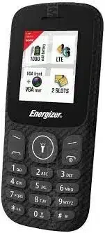 Energizer E130S feature phone, black, with a keypad, small display, and dual SIM card slots.
