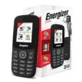 Energizer E130S feature phone, black, with a keypad, small display, and dual SIM card slots.