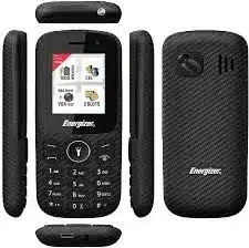 Energizer E130S feature phone, black, with a keypad, small display, and dual SIM card slots.