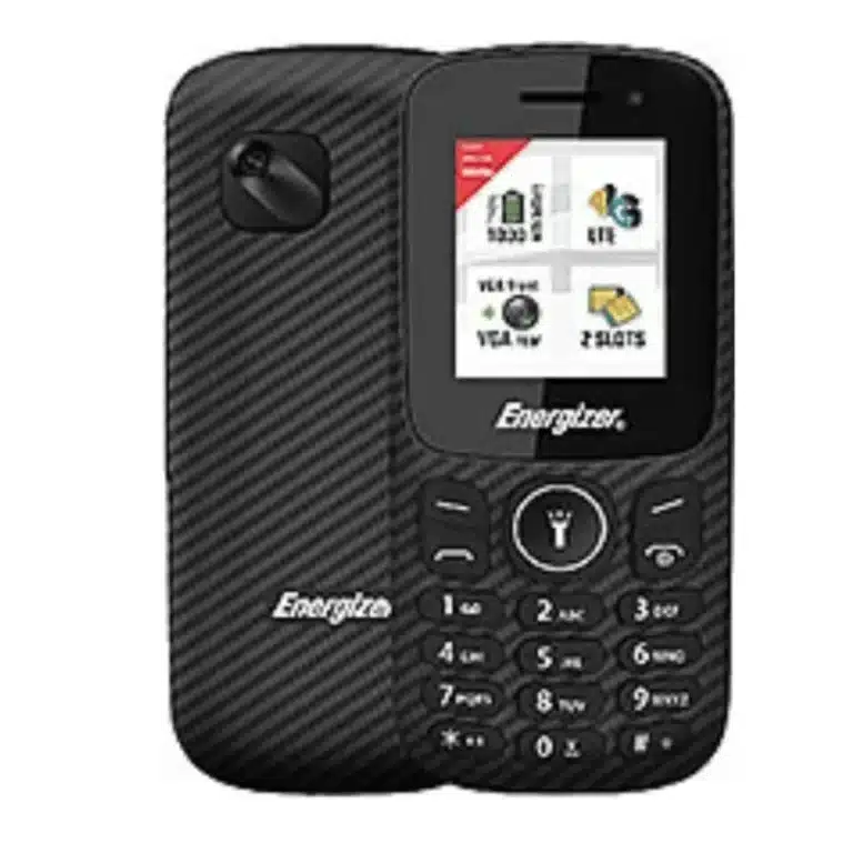 Energizer E130S feature phone, black, with a keypad, small display, and dual SIM card slots.