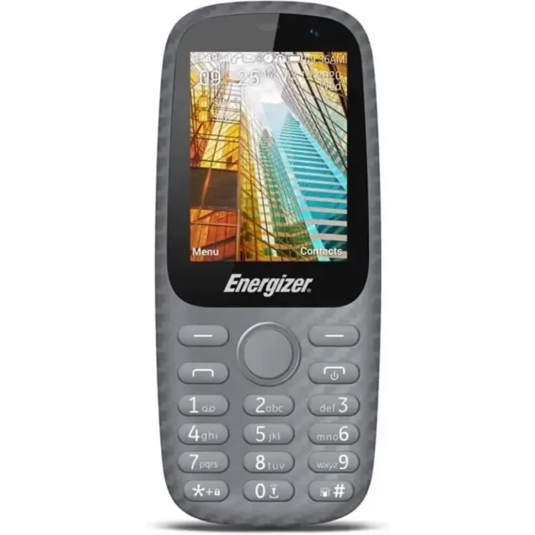 A grey Energizer E24 mobile phone with a small screen and physical buttons