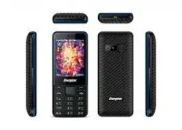 A black mobile phone with a small screen and physical keypad