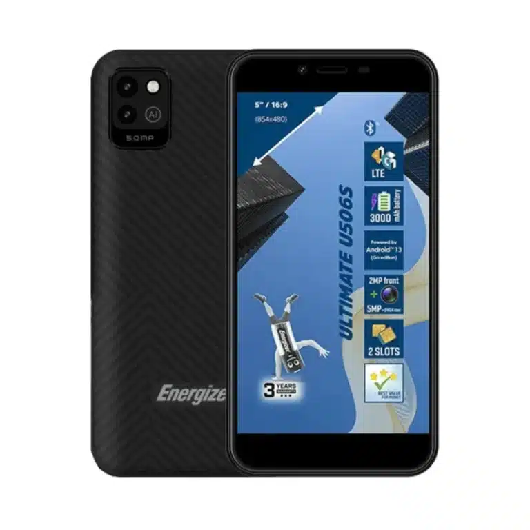 Energizer U506S Energizer U506S smartphone, front view, showcasing its 5-inch display and sleek design.