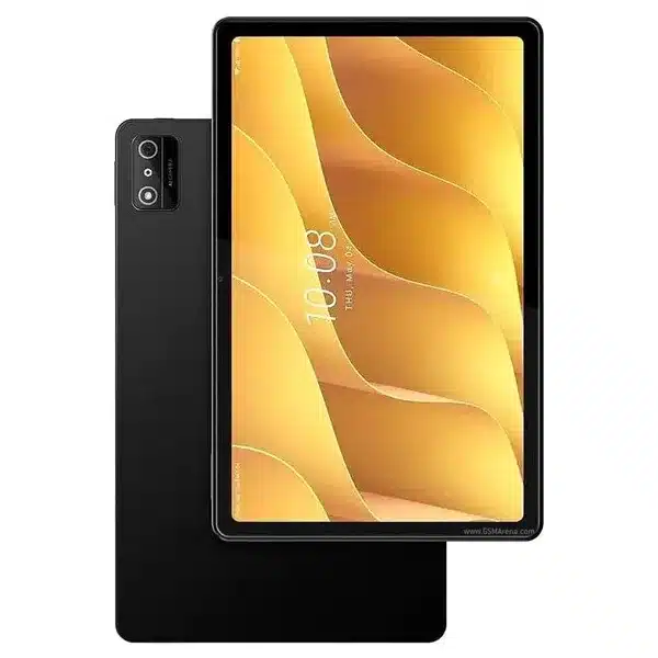 A sleek black HTC A104 tablet, showcasing its large display and slim profile.