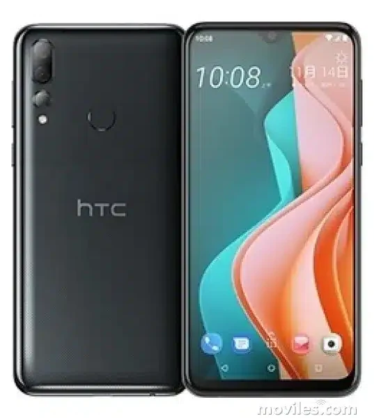 HTC Desire 19s smartphone, back view, highlighting the triple camera setup and sleek design.