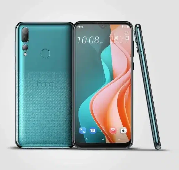 HTC Desire 19s smartphone, back view, highlighting the triple camera setup and sleek design.