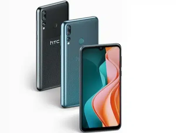 HTC Desire 19s smartphone, back view, highlighting the triple camera setup and sleek design.