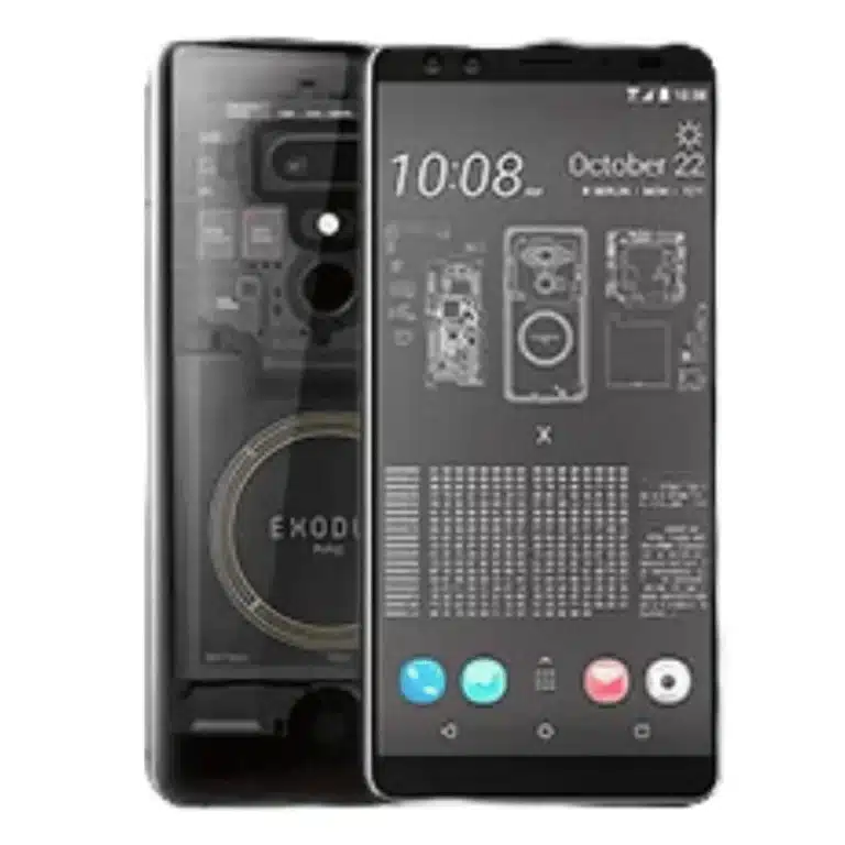 HTC Exodus 1 smartphone, a sleek black device with a focus on blockchain technology and security.