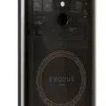 HTC Exodus 1 smartphone, a sleek black device with a focus on blockchain technology and security.