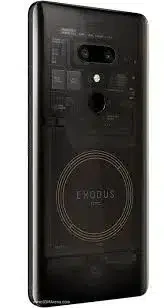 HTC Exodus 1 smartphone, a sleek black device with a focus on blockchain technology and security.