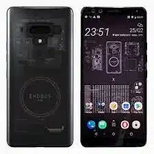 HTC Exodus 1 smartphone, a sleek black device with a focus on blockchain technology and security.