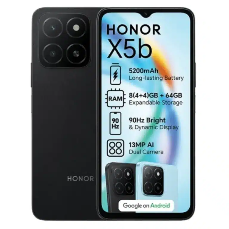A person holding the Honor X5b smartphone, showcasing its sleek design and vibrant display.