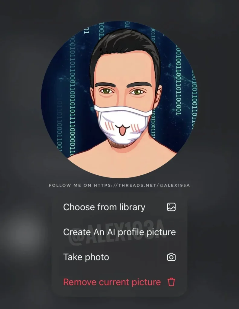 Instagram interface showing options to choose, create, or take a profile picture with an AI-generated avatar wearing a face mask.