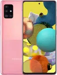 Samsung Galaxy A51 5G UW smartphone, pink color, showcasing the camera and display