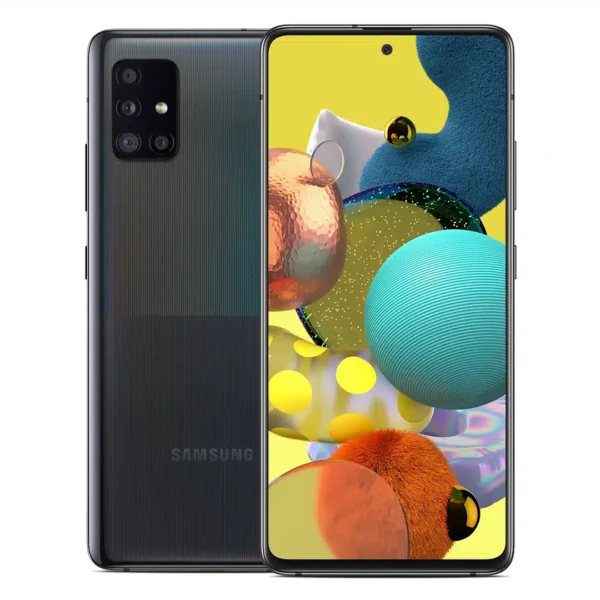 Samsung Galaxy A51 5G UW smartphone, black color, showcasing the camera and display